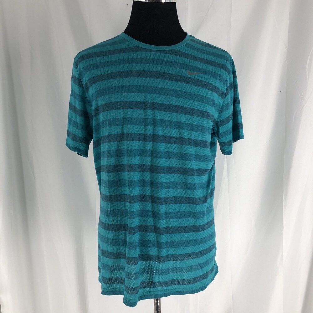Nike Running Shirt Dri-Fit Men's Blue Stiped Top Back Pocket Size XL